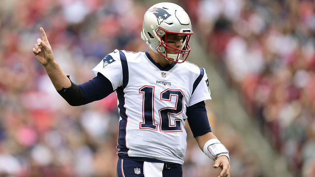 LANDOVER, MARYLAND - OCTOBER 06: Tom Brady #12 of the New England Patriots reacts against the Washington Redskins during the first quarter in the game at FedExField on October 06, 2019 in Landover, Maryland.