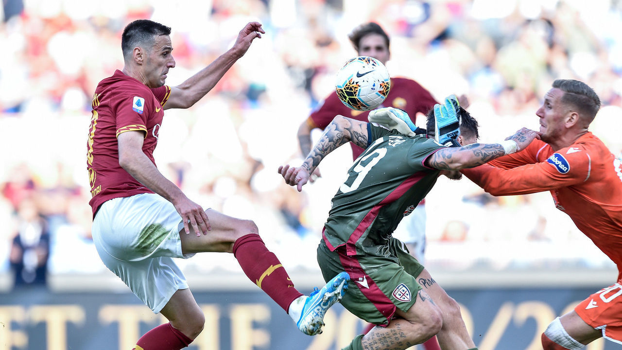 Nikola Kalinic of AS Roma scores second goal canceled by the referee during the Serie A match between Roma and Cagliari at Stadio Olimpico, Rome, Italy on 6 October 2019