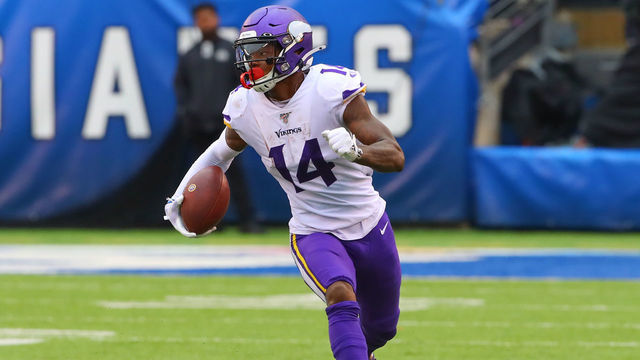 EAST RUTHERFORD, NJ - OCTOBER 06: Minnesota Vikings wide receiver Stefon Diggs (14) runs after the catch during the fourth quarter of the National Football League game between the New York Giants and the Minnesota Vikings on October 6, 2019 at MetLife Stadium in East Rutherford, NJ.