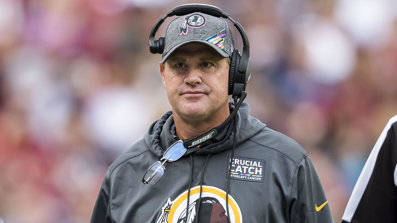 LANDOVER, MD - OCTOBER 06: Head coach Jay Gruden of the Washington Redskins looks on against the New England Patriots during the first half at FedExField on October 6, 2019 in Landover, Maryland.