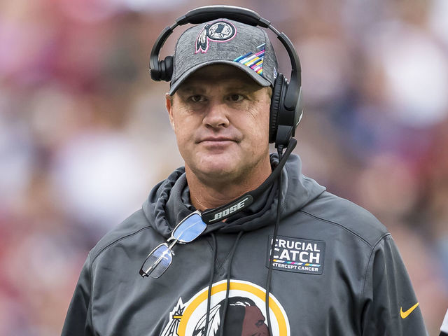 LANDOVER, MD - OCTOBER 06: Head coach Jay Gruden of the Washington Redskins looks on against the New England Patriots during the first half at FedExField on October 6, 2019 in Landover, Maryland.