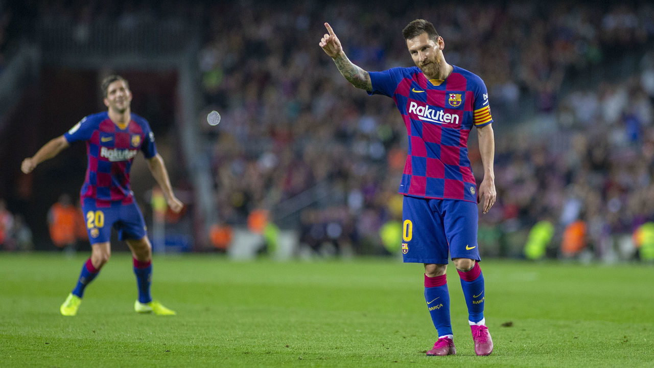 BARCELONA, SPAIN - October 6: Lionel Messi #10 of Barcelona celebrates after scoring his sides fourth goal from a free kick during the Barcelona V Sevilla, La Liga regular season match at Estadio Camp Nou on October 6th 2019 in Barcelona, Spain.