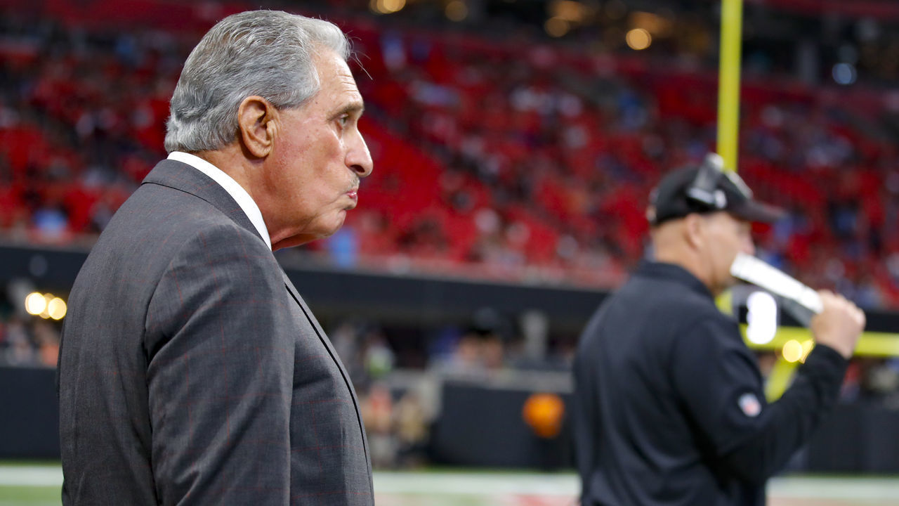 ATLANTA, GA - SEPTEMBER 29: Atlanta Falcons owner and CEO Arthur Blank watches on as head coach Dan Quinn reacts on the sidelines in the second half of an NFL game against the Tennessee Titans at Mercedes-Benz Stadium on September 29, 2019 in Atlanta, Georgia.