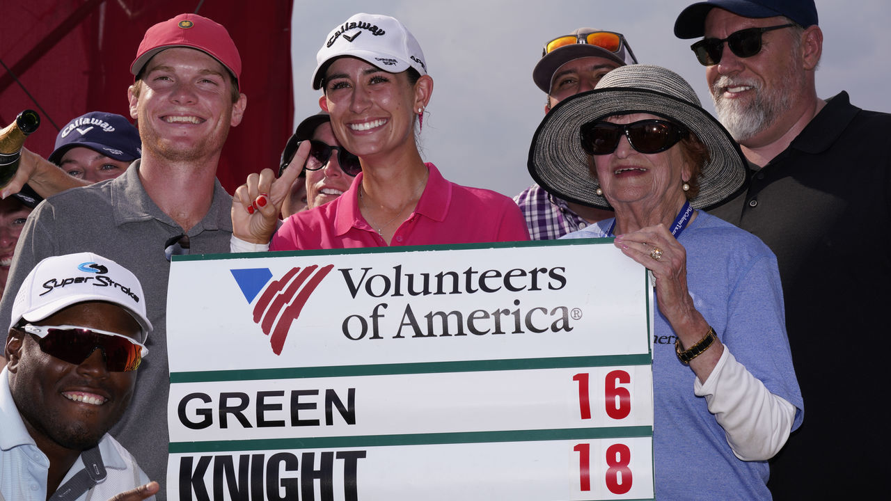THE COLONY, TX - OCTOBER 06: Cheyenne Knight (C) celebrates with her caddie and friends after winning the Volunteers of America Classic golf tournament at the Old American Golf Club on October 6, 2019 in The Colony, Texas.