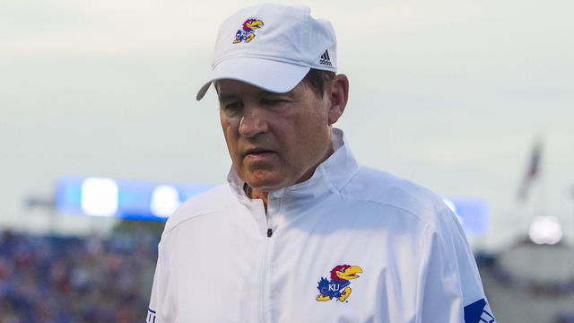 LAWRENCE, KS - SEPTEMBER 07: Kansas Jayhawks head coach Les Miles walks back to the locker room during the game between the Coastal Carolina Chanticleers and the Kansas Jayhawks on Saturday September 7, 2019 at Memorial Stadium in Lawrence, KS.