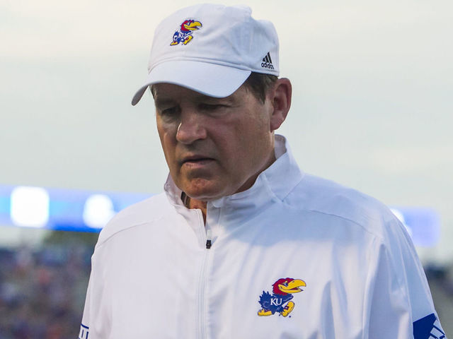 LAWRENCE, KS - SEPTEMBER 07: Kansas Jayhawks head coach Les Miles walks back to the locker room during the game between the Coastal Carolina Chanticleers and the Kansas Jayhawks on Saturday September 7, 2019 at Memorial Stadium in Lawrence, KS.