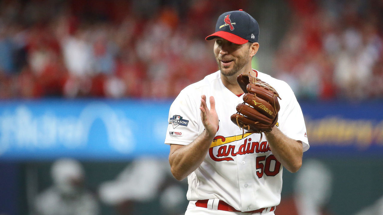 ST LOUIS, MISSOURI - OCTOBER 06: Adam Wainwright #50 of the St. Louis Cardinals reacts after retiring the side against the Atlanta Braves during the seventh inning in game three of the National League Division Series at Busch Stadium on October 06, 2019 in St Louis, Missouri.