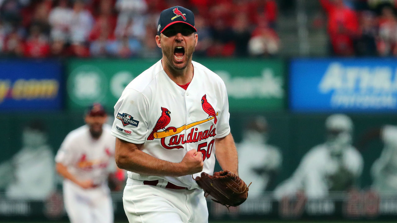 ST. LOUIS, MO - OCTOBER 06: Adam Wainwright #50 of the St. Louis Cardinals reacts after a strikeout to end the sixth inning against the Atlanta Braves during Game 3 of the NLDS between the Atlanta Braves and the St. Louis Cardinals at Busch Stadium on Sunday, October 6, 2019 in St. Louis, Missouri.