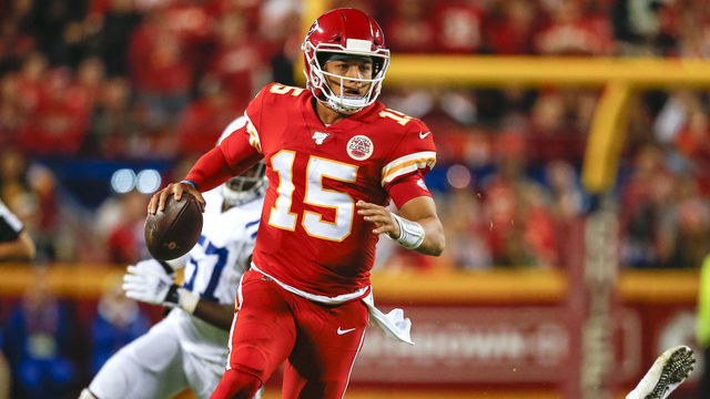 KANSAS CITY, MO - OCTOBER 06: Patrick Mahomes #15 of the Kansas City Chiefs scrambles before throwing a 27-yard touchdown pass in the second quarter against the Indianapolis Colts at Arrowhead Stadium on October 6, 2019 in Kansas City, Missouri.