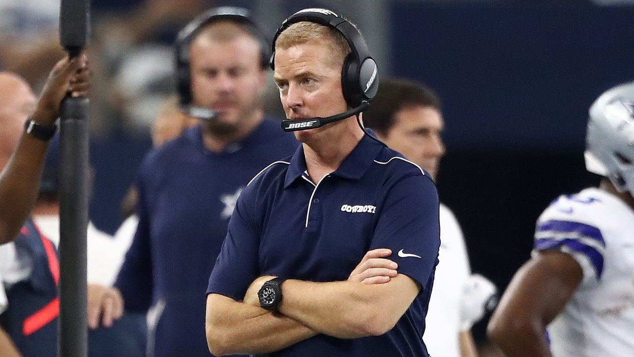 ARLINGTON, TEXAS - OCTOBER 06: Head coach Jason Garrett of the Dallas Cowboys walks on the sidelines in the game against the Green Bay Packers at AT&T Stadium on October 06, 2019 in Arlington, Texas.