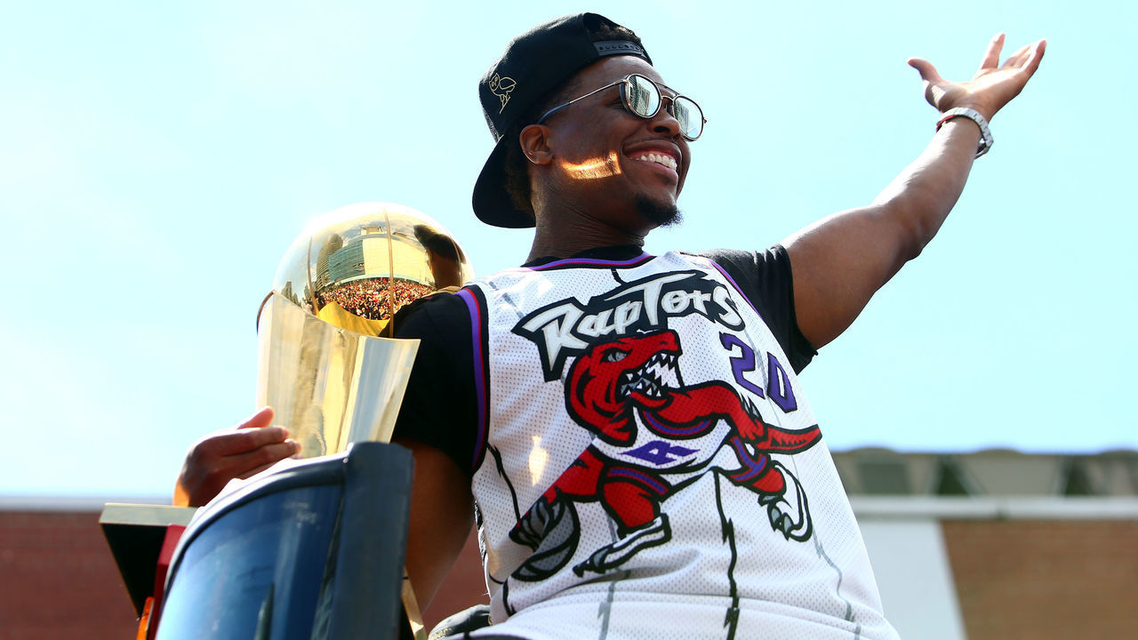 TORONTO, ON - JUNE 17: Kyle Lowry #7 of the Toronto Raptors holds the championship trophy during the Toronto Raptors Victory Parade on June 17, 2019 in Toronto, Canada. The Toronto Raptors beat the Golden State Warriors 4-2 to win the 2019 NBA Finals.