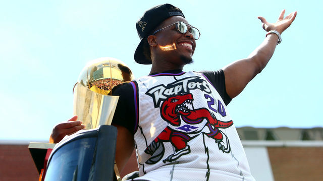 TORONTO, ON - JUNE 17: Kyle Lowry #7 of the Toronto Raptors holds the championship trophy during the Toronto Raptors Victory Parade on June 17, 2019 in Toronto, Canada. The Toronto Raptors beat the Golden State Warriors 4-2 to win the 2019 NBA Finals.