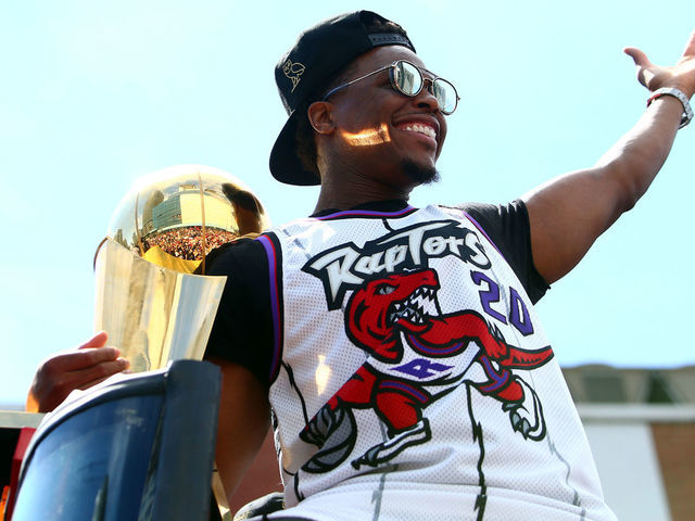 TORONTO, ON - JUNE 17: Kyle Lowry #7 of the Toronto Raptors holds the championship trophy during the Toronto Raptors Victory Parade on June 17, 2019 in Toronto, Canada. The Toronto Raptors beat the Golden State Warriors 4-2 to win the 2019 NBA Finals.