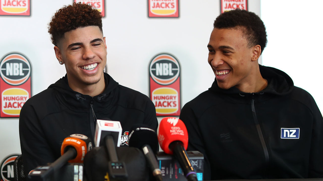MELBOURNE, AUSTRALIA - AUGUST 22: (L-R) LaMelo Ball of the Illawarra Hawks (R) and RJ Hampton of the New Zealand Breakers speak to media during a NBL media opportunity at The Blackman on August 22, 2019 in Melbourne, Australia.