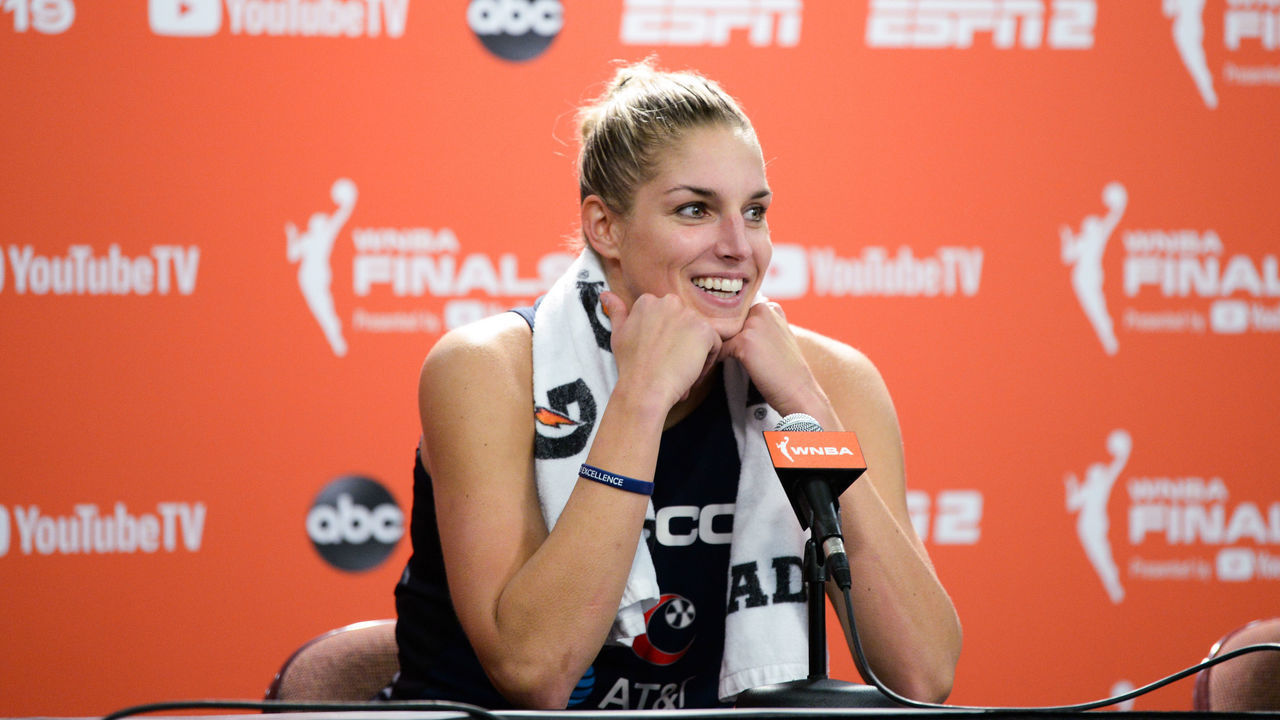 UNCASVILLE, CT - OCTOBER 6: Elena Delle Donne #20 of the Washington Mystics speaks at a post-game news conference following Game 3 of the WNBA Finals at Mohegan Sun Arena on October 6, 2019 in Uncasville, Connecticut. The Mystics won 94-81 to go up 2-1 in the series. They lead the series, 2-1