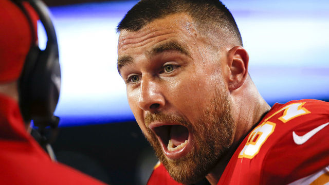 KANSAS CITY, MO - OCTOBER 06: Travis Kelce #87 of the Kansas City Chiefs spoke with head coach Andy Reid of the Kansas City Chiefs on the bench in the third quarter against the Indianapolis Colts at Arrowhead Stadium on October 6, 2019 in Kansas City, Missouri.