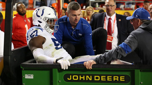 KANSAS CITY, MO - OCTOBER 06: Indianapolis Colts defensive end Kemoko Turay (57) is carted off the field after suffering a leg injury in the fourth quarter of an NFL matchup between the Indianapolis Colts and Kansas City Chiefs on October 6, 2019 at Arrowhead Stadium in Kansas City, MO.