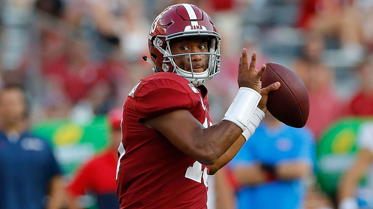 TUSCALOOSA, ALABAMA - SEPTEMBER 28: Tua Tagovailoa #13 of the Alabama Crimson Tide looks to pass against the Mississippi Rebels at Bryant-Denny Stadium on September 28, 2019 in Tuscaloosa, Alabama.