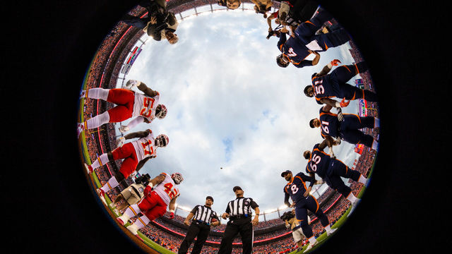 DENVER, CO - OCTOBER 01: General view of the coin toss at Broncos Stadium at Mile High before the NFL regular season football game against the Kansas City Chiefs on October 01, 2018, at Broncos Stadium at Mile High in Denver, CO.