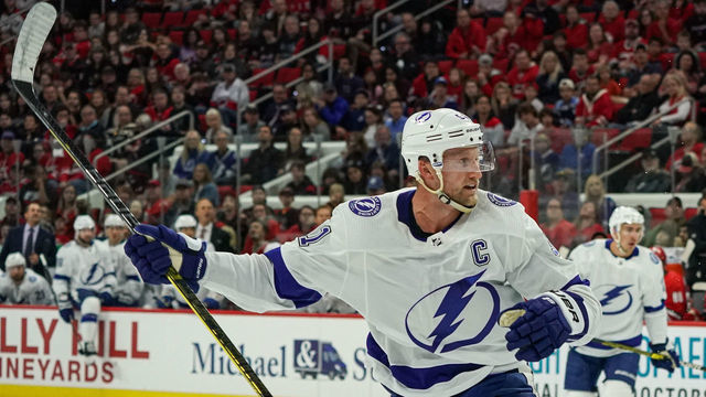 RALEIGH, NC - OCTOBER 06: Tampa Bay Lightning Winger Steven Stamkos (91) reacts after scoring during a game between the Tampa Bay Lightning and the Carolina Hurricanes at the PNC Arena in Raleigh, NC on October 6, 2019.
