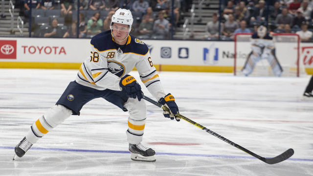 COLUMBUS, OH - SEPTEMBER 17: Buffalo Sabres left wing Victor Olofsson #68 skating during the preseason game between the Buffalo Sabres and the Columbus Blue Jackets at Nationwide Arena on September 17, 2019.