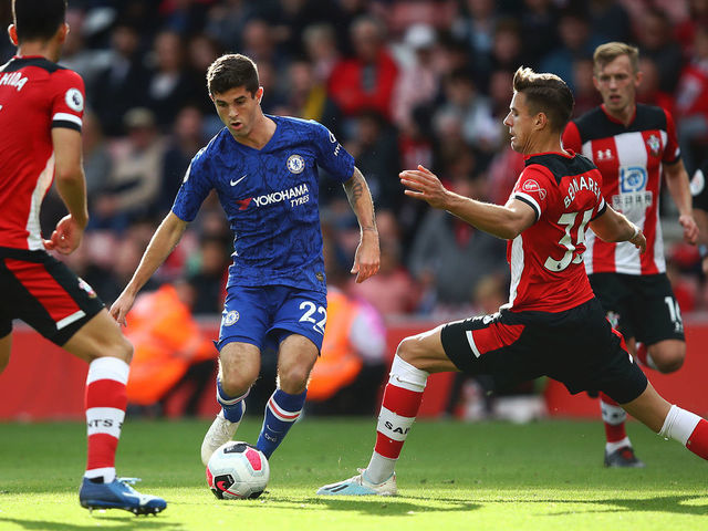 SOUTHAMPTON, ENGLAND - OCTOBER 06: Christian Pulisic of Chelsea in action during the Premier League match between Southampton FC and Chelsea FC at St Mary's Stadium on October 06, 2019 in Southampton, United Kingdom.