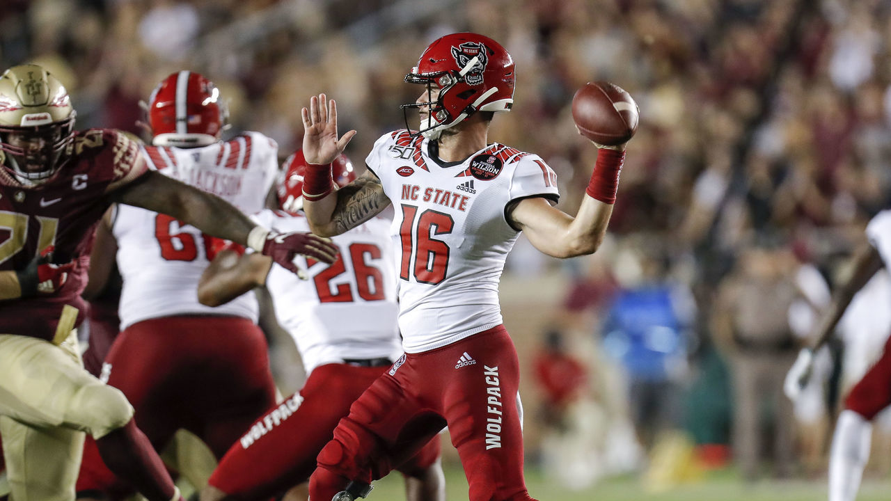 TALLAHASSEE, FL - SEPTEMBER 28: Quarterback Bailey Hockman #16 of the North Carolina State Wolfpack on a pass play during the game against the Florida State Seminoles at Doak Campbell Stadium on Bobby Bowden Field on September 28, 2019 in Tallahassee, Florida. The Seminoles defeated the Wolfpack 31 to 13.