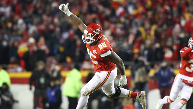 KANSAS CITY, MISSOURI - JANUARY 20: Chris Jones #95 of the Kansas City Chiefs celebrates in the second half against the New England Patriots during the AFC Championship Game at Arrowhead Stadium on January 20, 2019 in Kansas City, Missouri.