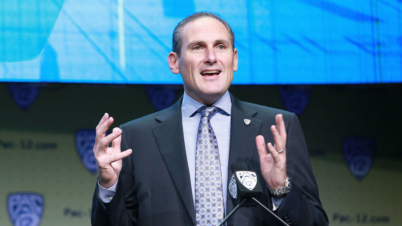 HOLLYWOOD, CA - JULY 26: PAC12 Commissioner Larry Scott speaks to the media during PAC12 Media Days on July 26, 2017 in Hollywood, California.