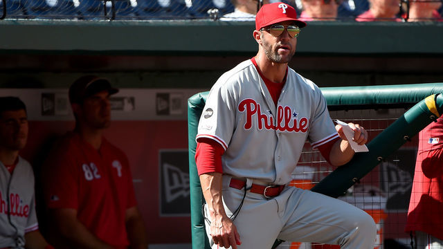 WASHINGTON, DC - SEPTEMBER 24: Manager Gabe Kapler #19 of the Philadelphia Phillies looks on from the dugout during game one of a doubleheader against the Washington Nationals at Nationals Park on September 24, 2019 in Washington, DC.