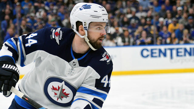 ST. LOUIS, MO - APRIL 20: Winnipeg Jets defenseman Josh Morrissey (44) during a first round Stanley Cup Playoffs game between the Winnipeg Jets and the St. Louis Blues, on April 20, 2019, at Enterprise Center, St. Louis, Mo.