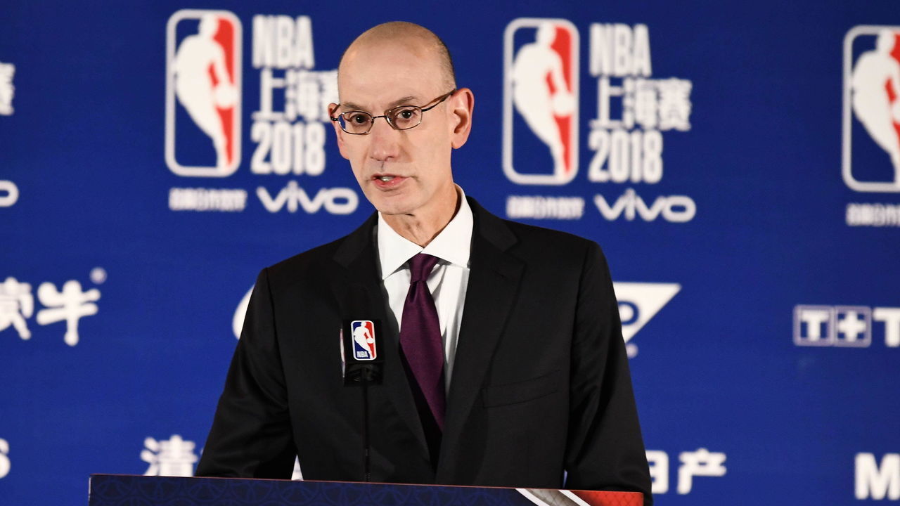 SHANGHAI, CHINA - OCTOBER 5: NBA Commissioner Adam Silver speaks to the media prior to the game of the Dallas Mavericks against the Philadelphia 76ers as part of the 2018 China Games at the Mercedes-Benz Arena on October 5, 2018 in Shanghai, China.