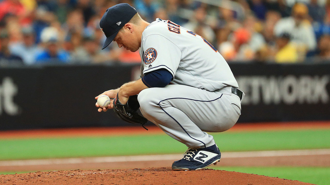 ST PETERSBURG, FLORIDA - OCTOBER 07: Zack Greinke #21 of the Houston Astros prepares to pitch against the Tampa Bay Rays during the first inning in Game Three of the American League Division Series at Tropicana Field on October 07, 2019 in St Petersburg, Florida.