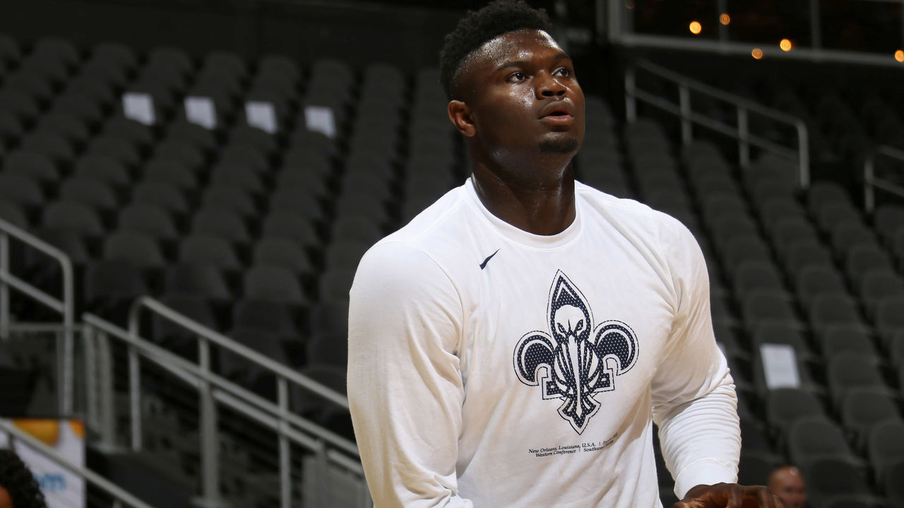 ATLANTA, GA - OCTOBER 7: Zion Williamson #1 of the New Orleans Pelicans looks on before a pre-season game against the Atlanta Hawks on October 7, 2019 at State Farm Arena in Atlanta, Georgia. NOTE TO USER: User expressly acknowledges and agrees that, by downloading and/or using this Photograph, user is consenting to the terms and conditions of the Getty Images License Agreement. Mandatory Copyright Notice: Copyright 2019 NBAE