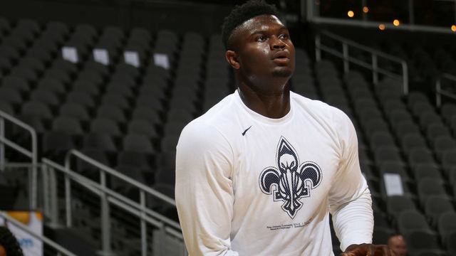 ATLANTA, GA - OCTOBER 7: Zion Williamson #1 of the New Orleans Pelicans looks on before a pre-season game against the Atlanta Hawks on October 7, 2019 at State Farm Arena in Atlanta, Georgia. NOTE TO USER: User expressly acknowledges and agrees that, by downloading and/or using this Photograph, user is consenting to the terms and conditions of the Getty Images License Agreement. Mandatory Copyright Notice: Copyright 2019 NBAE