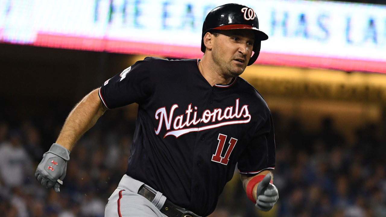 LOS ANGELES, CA - OCTOBER 4: Ryan Zimmerman #11 of the Washington Nationals doubles against the Los Angeles Dodgers in the eighth inning of game two of the National League Division Series at Dodger Stadium on Friday, Oct. 04, 2019 in Los Angeles, California. Washington Nationals won 4-2.