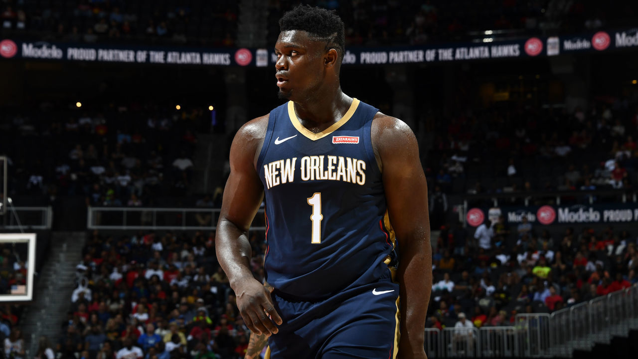 ATLANTA, GA - OCTOBER 7: Zion Williamson #1 of the New Orleans Pelicans looks on against the Atlanta Hawks during a pre-season game on October 7, 2019 at State Farm Arena in Atlanta, Georgia. NOTE TO USER: User expressly acknowledges and agrees that, by downloading and/or using this Photograph, user is consenting to the terms and conditions of the Getty Images License Agreement. Mandatory Copyright Notice: Copyright 2019 NBAE