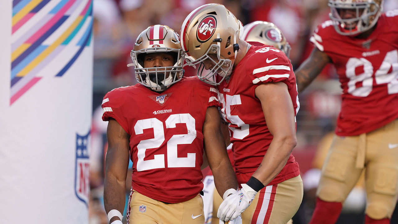 SANTA CLARA, CALIFORNIA - OCTOBER 07: Matt Breida #22 and George Kittle #85 of the San Francisco 49ers celebrate after Breida caught a touchdown pass against the Cleveland Browns during the first quarter of an NFL football game at Levi's Stadium on October 07, 2019 in Santa Clara, California.