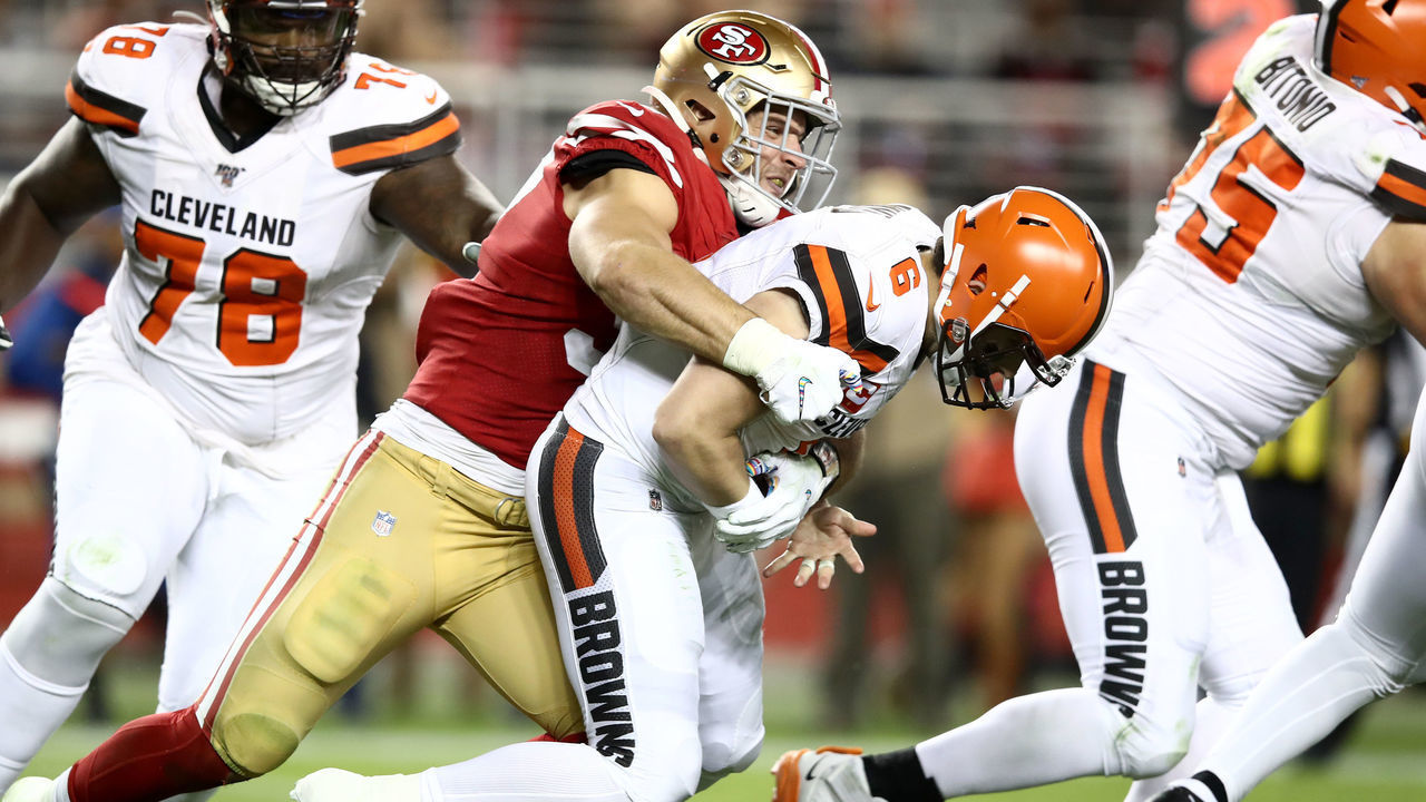 SANTA CLARA, CALIFORNIA - OCTOBER 07: Nick Bosa #97 of the San Francisco 49ers sacks Baker Mayfield #6 of the Cleveland Browns and forces a fumble at Levi's Stadium on October 07, 2019 in Santa Clara, California.