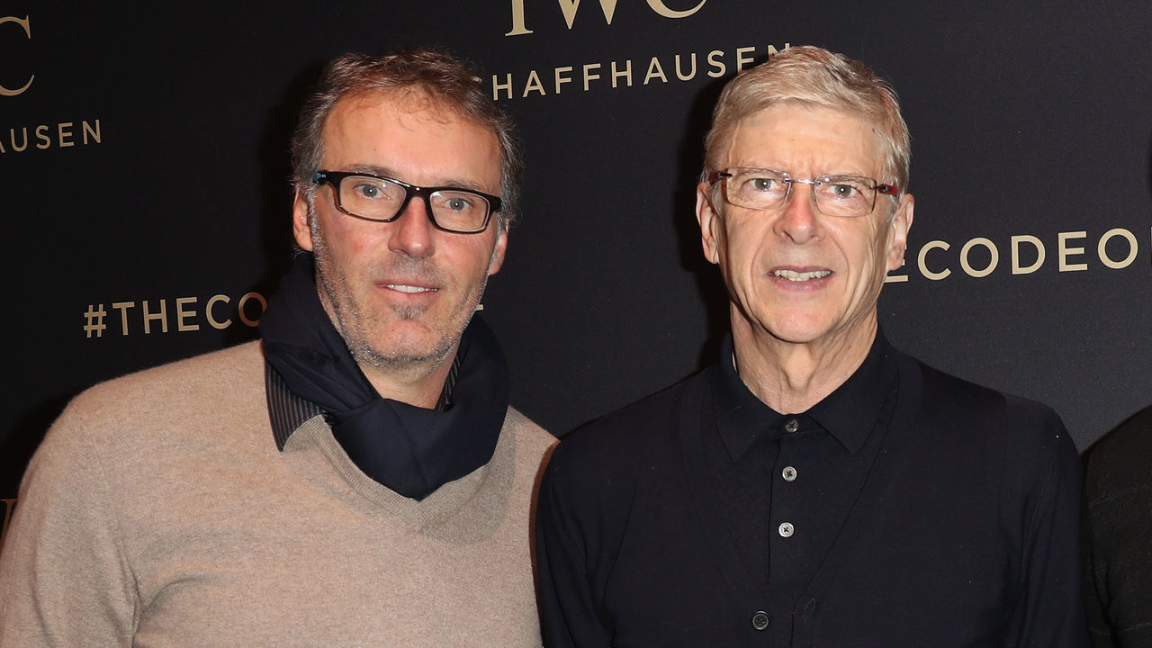 GENEVA, SWITZERLAND - JANUARY 17: (L-R) Football managers Laurent Blanc and Arsene Wenger and footballer Marcel Desailly visit the IWC booth during the launch of the Da Vinci Novelties from the Swiss luxury watch manufacturer IWC Schaffhausen at the Salon International de la Haute Horlogerie (SIHH) 2017 on January 17, 2017 in Geneva, .