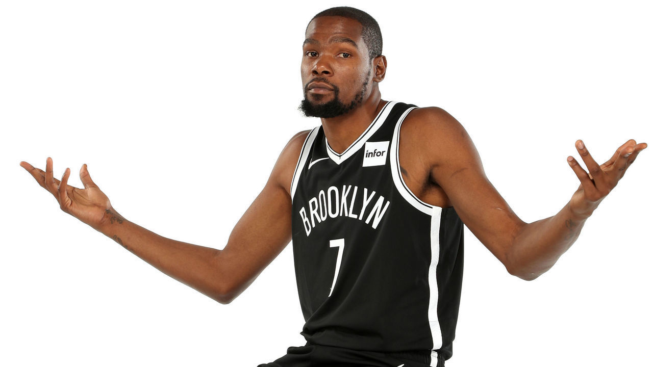 BROOKLYN, NY - SEPTEMBER 27: Kevin Durant #7 of the Brooklyn Nets poses for a portrait during media day on September 27, 2019 at the HSS Training Center in Brooklyn, New York. NOTE TO USER: User expressly acknowledges and agrees that, by downloading and/or using this photograph, user is consenting to the terms and conditions of the Getty Images License Agreement. Mandatory Copyright Notice: Copyright 2019 NBAE