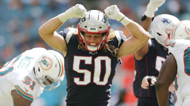 MIAMI, FLORIDA - SEPTEMBER 15: Chase Winovich #50 of the New England Patriots reacts after a sack against the Miami Dolphins during the third quarter at Hard Rock Stadium on September 15, 2019 in Miami, Florida.