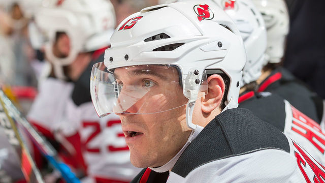 DETROIT, MI - JANUARY 31: Michael Cammalleri #13 of the New Jersey Devils watches the action from the bench against the Detroit Red Wings during an NHL game at Joe Louis Arena on January 31, 2017 in Detroit, Michigan. The Devils defeated the Wings 4-3.
