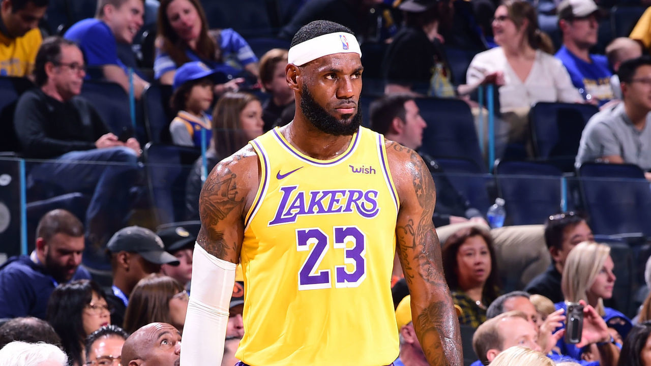 SAN FRANCISCO, CA - OCTOBER 5: LeBron James #23 of the Los Angeles Lakers looks on during a game against the Golden State Warriors during a pre-season game on October 5, 2019 at Chase Center in San Francisco, California. NOTE TO USER: User expressly acknowledges and agrees that, by downloading and/or using this Photograph, user is consenting to the terms and conditions of the Getty Images License Agreement. Mandatory Copyright Notice: Copyright 2019 NBAE