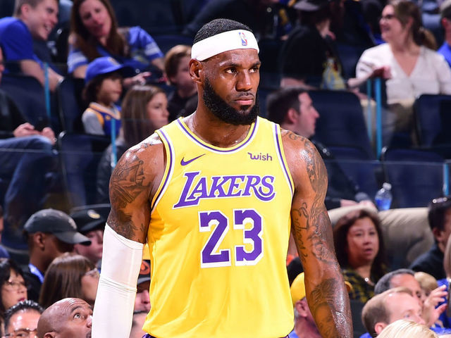 SAN FRANCISCO, CA - OCTOBER 5: LeBron James #23 of the Los Angeles Lakers looks on during a game against the Golden State Warriors during a pre-season game on October 5, 2019 at Chase Center in San Francisco, California. NOTE TO USER: User expressly acknowledges and agrees that, by downloading and/or using this Photograph, user is consenting to the terms and conditions of the Getty Images License Agreement. Mandatory Copyright Notice: Copyright 2019 NBAE