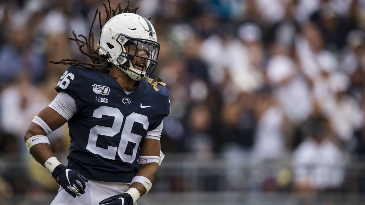 STATE COLLEGE, PA - SEPTEMBER 14: Jonathan Sutherland #26 of the Penn State Nittany Lions celebrates against the Pittsburgh Panthers during the second half at Beaver Stadium on September 14, 2019 in State College, Pennsylvania.