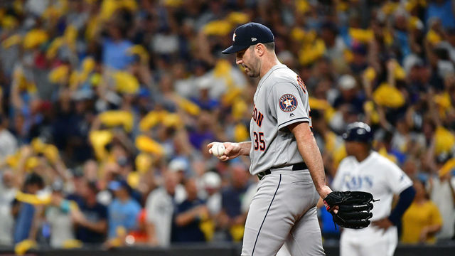 ST PETERSBURG, FLORIDA - OCTOBER 08: Justin Verlander #35 of the Houston Astros reacts after allowing a two-run double to Joey Wendle (not pictured) of the Tampa Bay Rays during the first inning in game four of the American League Division Series at Tropicana Field on October 08, 2019 in St Petersburg, Florida.
