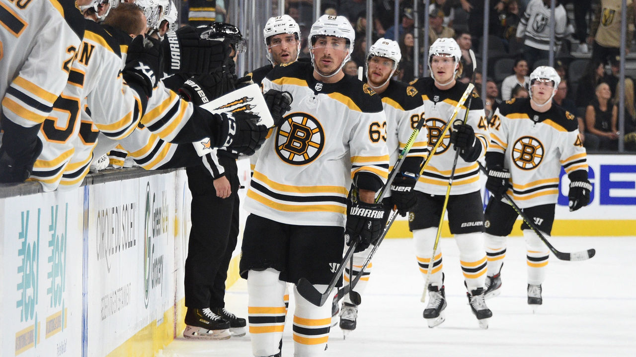 LAS VEGAS, NEVADA - OCTOBER 08: Brad Marchand #63 of the Boston Bruins celebrates with teammates after scoring a goal during the first period against the Vegas Golden Knights at T-Mobile Arena on October 08, 2019 in Las Vegas, Nevada.