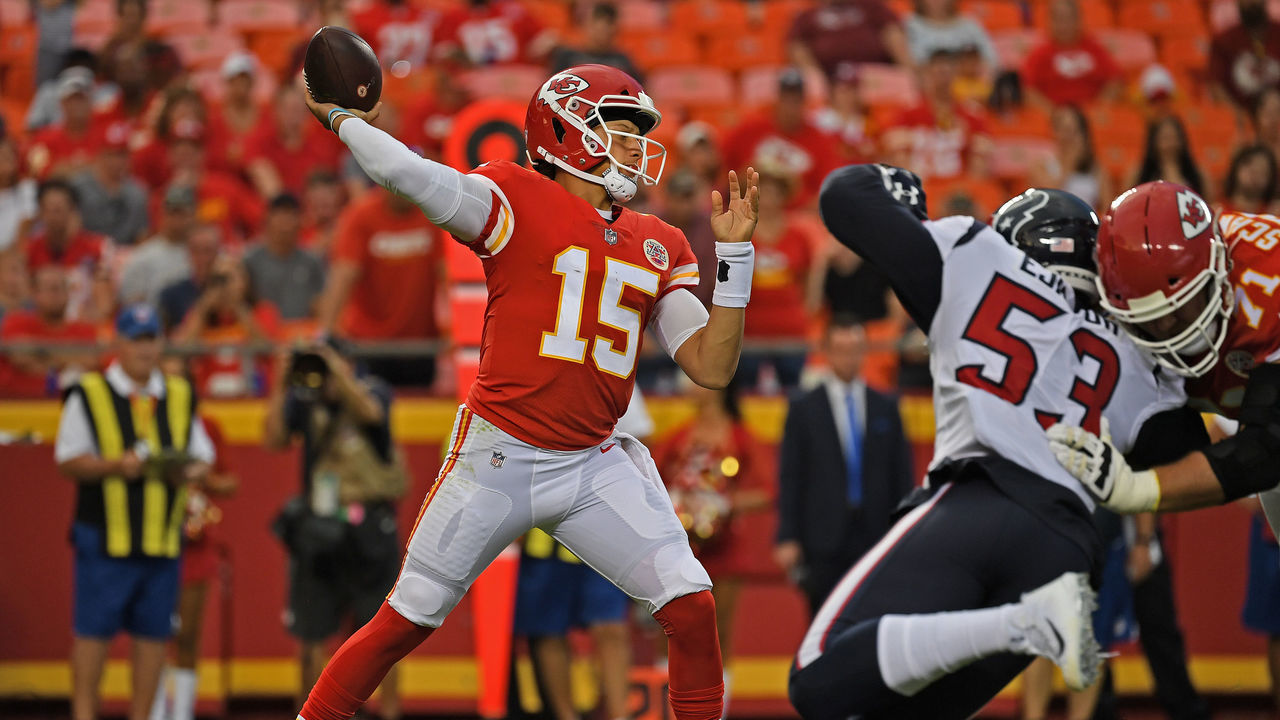 KANSAS CITY, MO - AUGUST 09: Quarterback Patrick Mahomes #15 of the Kansas City Chiefs throws a pass down field during the first half against the Houston Texans on August 9, 2018 at Arrowhead Stadium in Kansas City, Missouri.