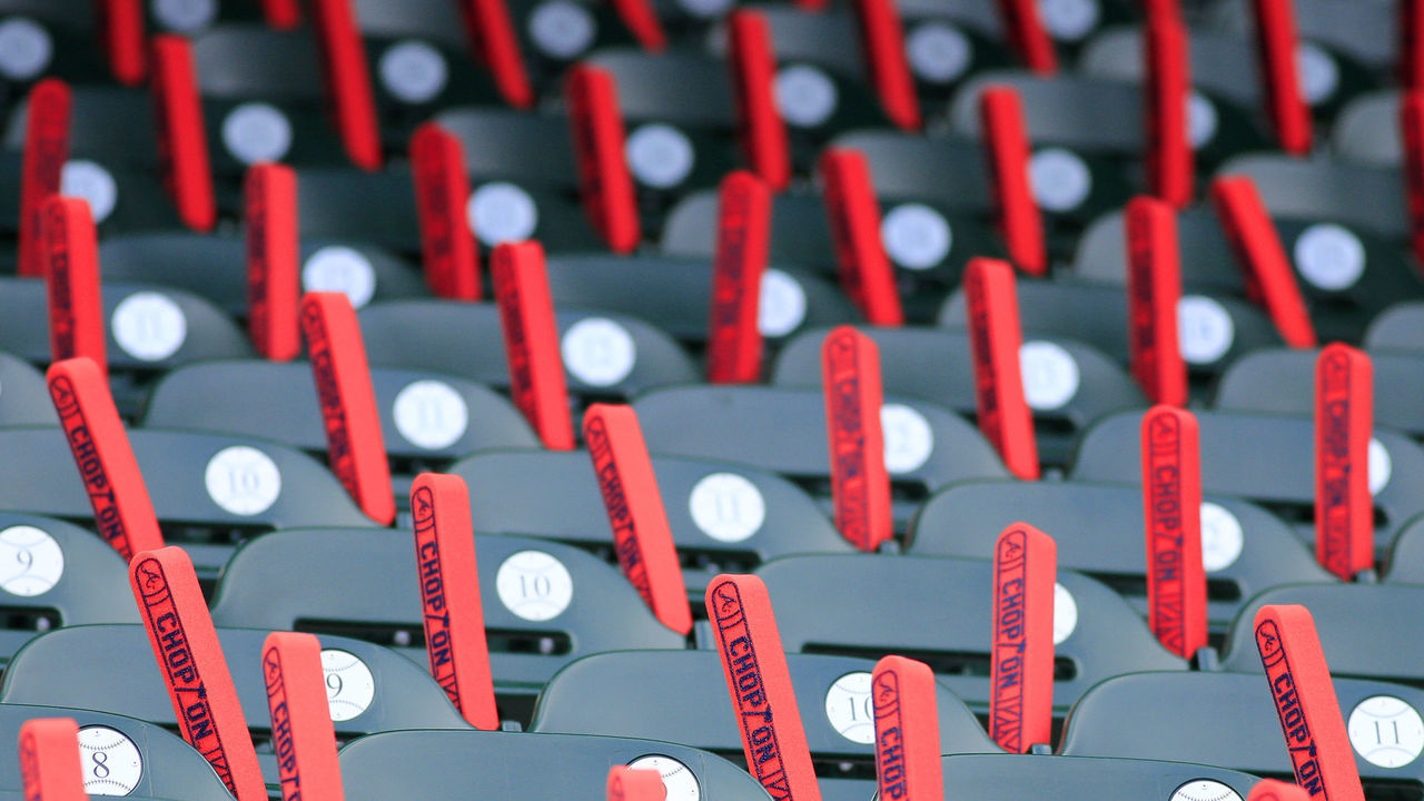ATLANTA, GA - OCTOBER 07: Foam tomahawks line the seats prior to the Major League Baseball NLDS game between the Atlanta Braves and the Los Angeles Dodgers on October 7, 2018 at SunTrust Park in Atlanta, GA.